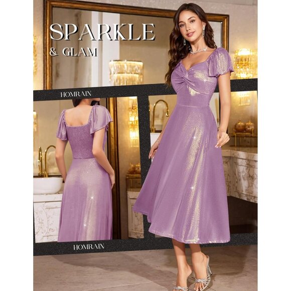 Women Sparkly V-Neck Short Sleeve Formal Dress Long Evening Cocktail - Picture 3 of 6